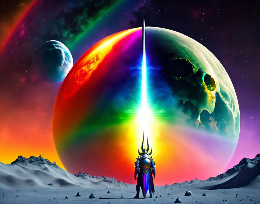 Fantasy landscape with armored figure, split-color planet, starry sky, rainbow beam, and two