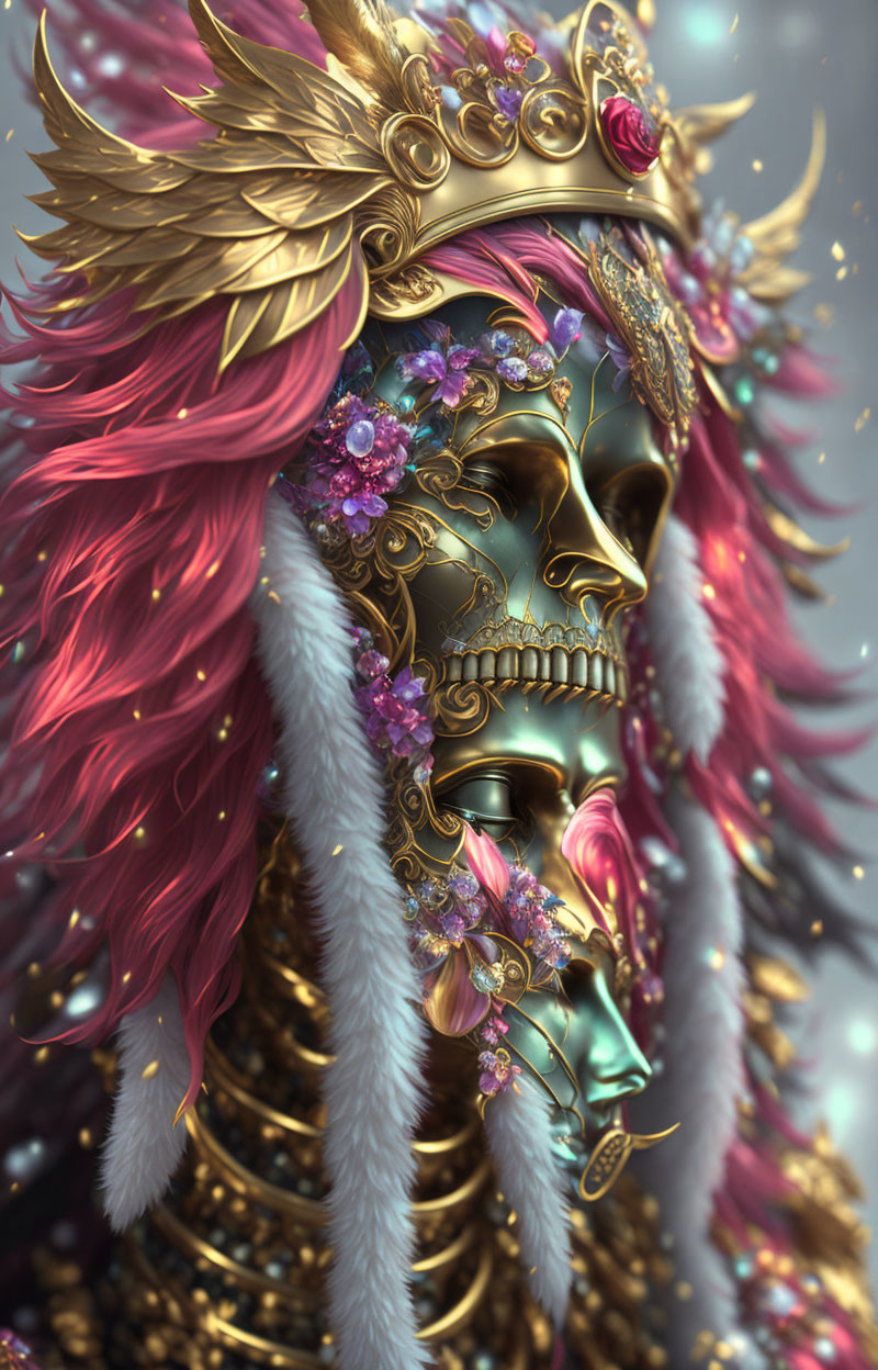 Vibrant pink feathers and floral decorations on gold-masked figure