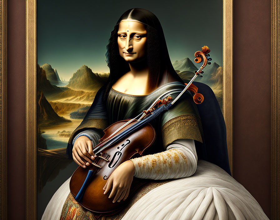 Classical painting meets digital art: Mona Lisa with violin in serene landscape