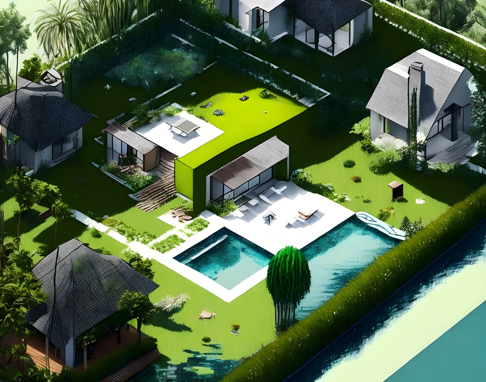 Luxurious Residential Area with Houses, Gardens, Pool, and Green Surroundings