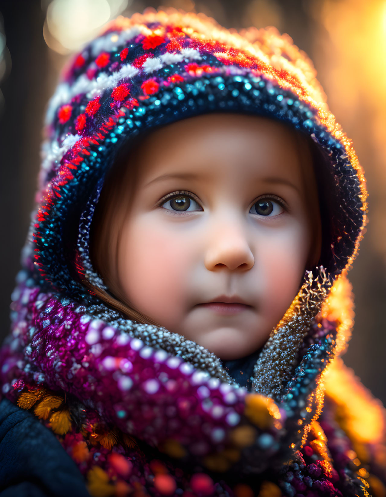 Young child in colorful knit hat and scarf, close-up portrait with soft lighting