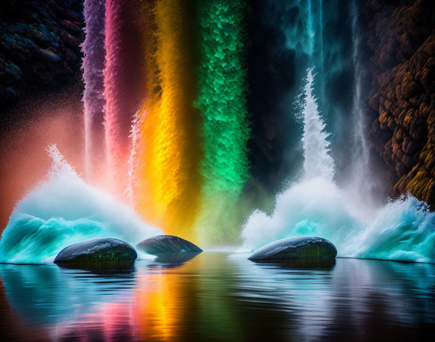 Colorful rainbow waterfall flowing over rocky cliffs into serene water with misty sprays