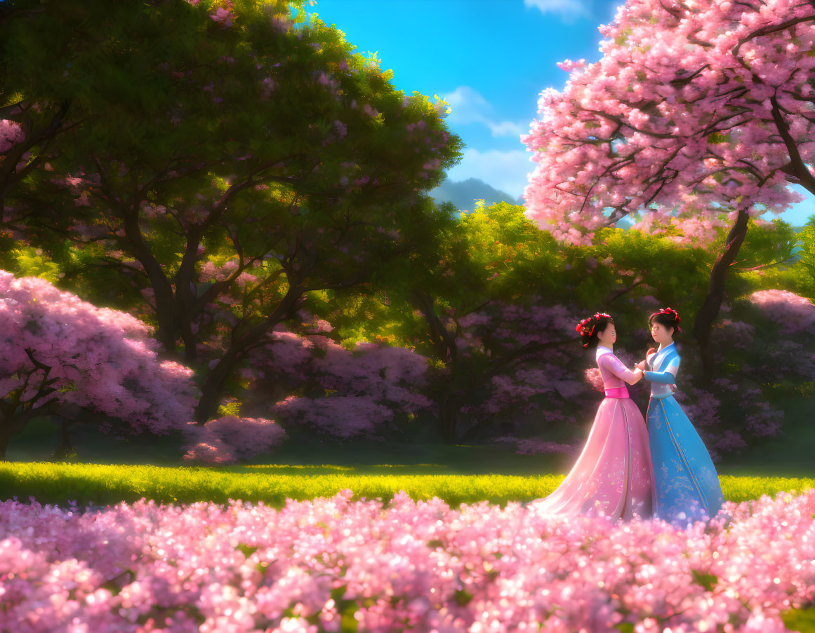 Traditional Korean attire individuals in vibrant cherry blossom landscape