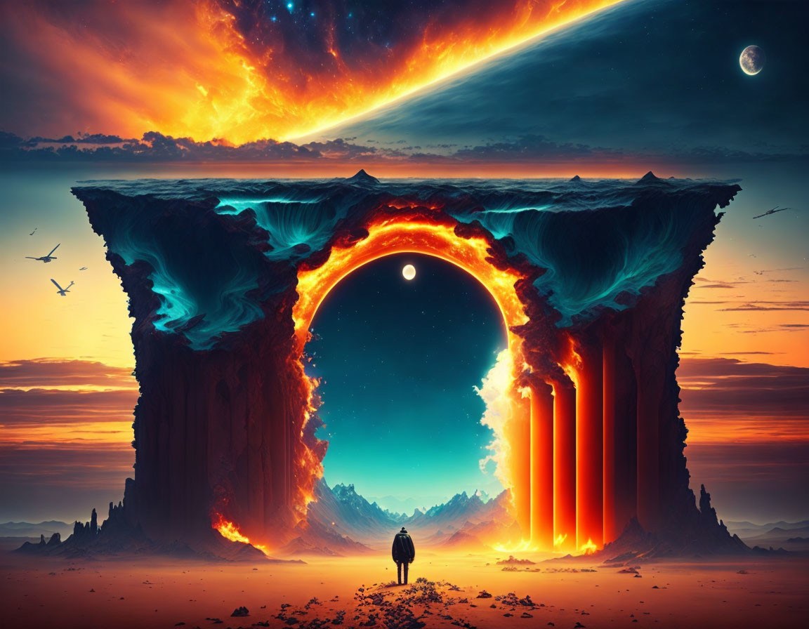 Surreal archway with sun eclipse, glowing pillars, comet, and planet under starry sky