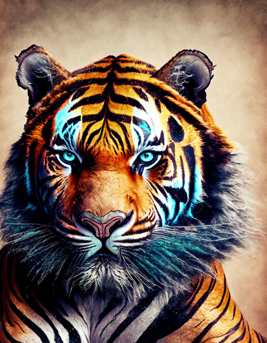 Colorful Tiger Face Artwork with Blue Eyes and Orange Fur on Beige Background