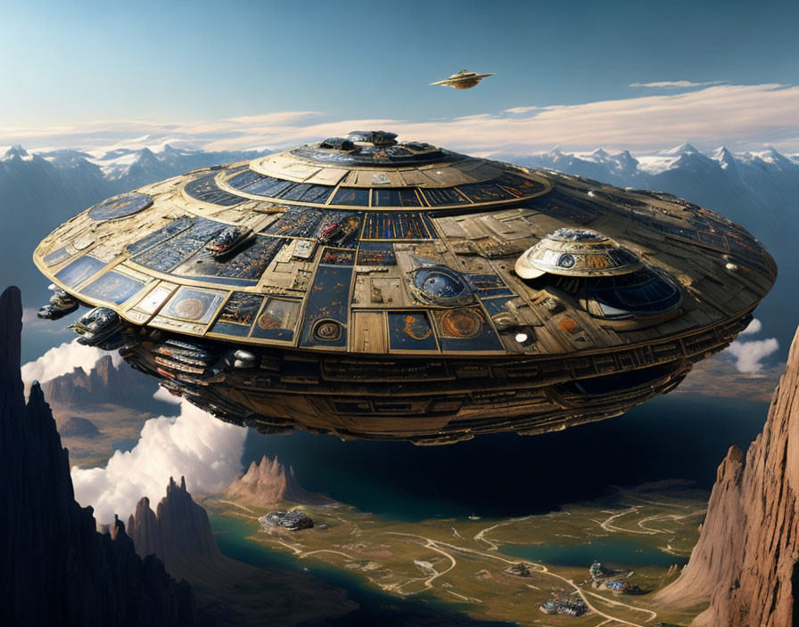 Detailed Millennium Falcon flying over mountains with spaceship in distance