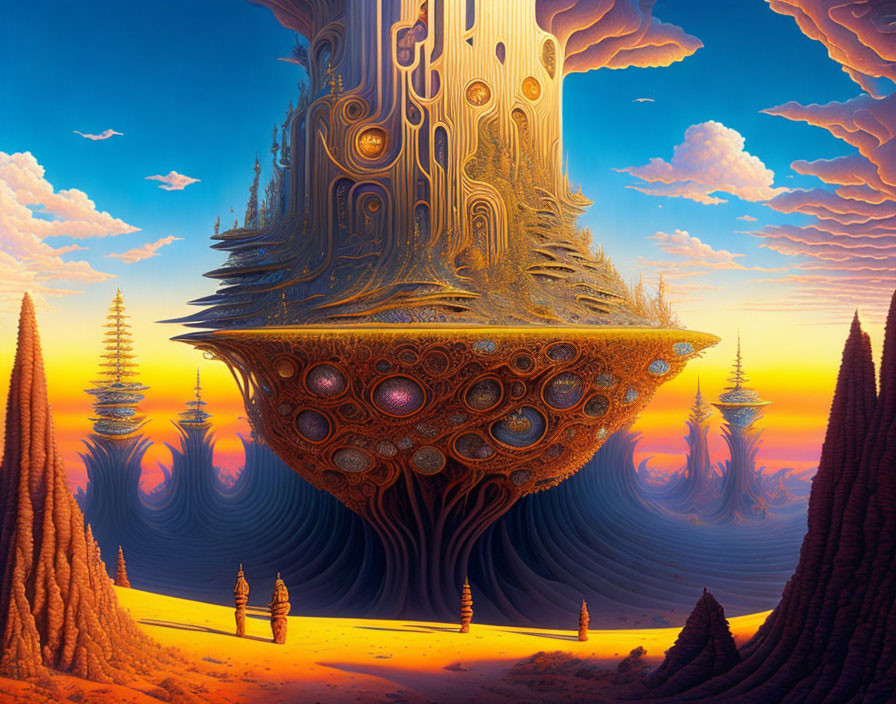 Ornate structure in surreal floating landscape with orange and blue hues