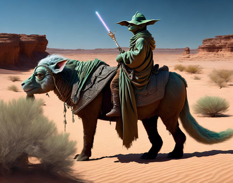 Digital artwork: Yoda on camel with blue lightsaber in desert