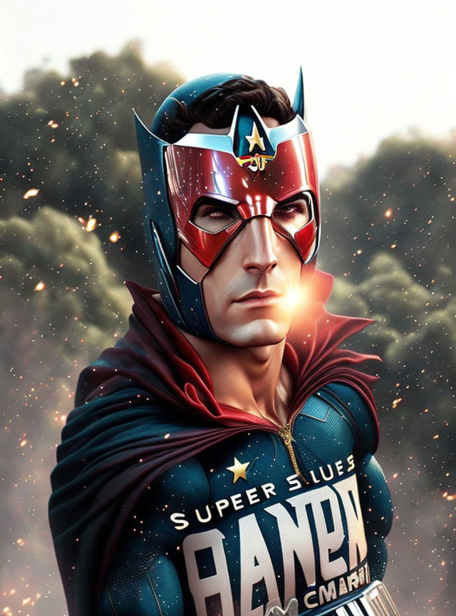 Stylized superhero illustration with gleaming eye and helmet cape.