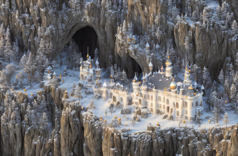 Snow-covered fairytale castle in cliffside winter landscape.