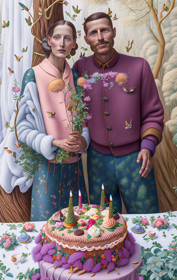 Serene Couple Portrait with Cake and Forest Scene