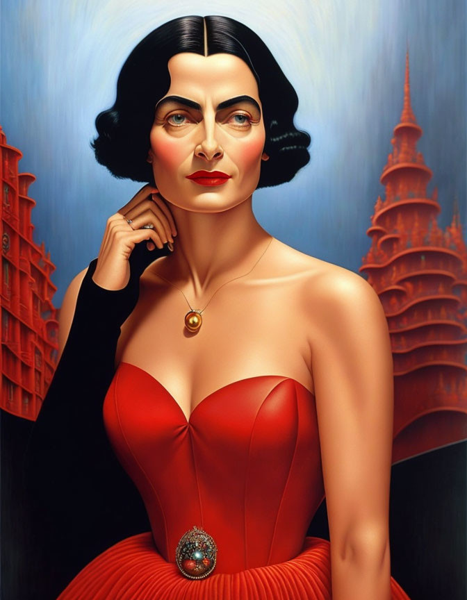 Stylized painting of a woman in red dress and surreal architecture