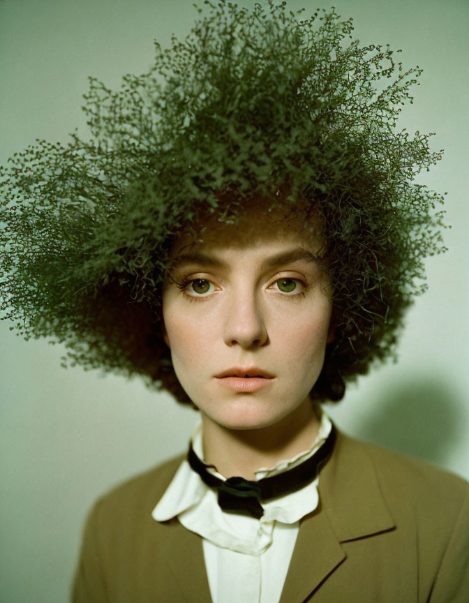 Person with bushy tree-like hairstyle in brown jacket and white shirt with black ribbon tie