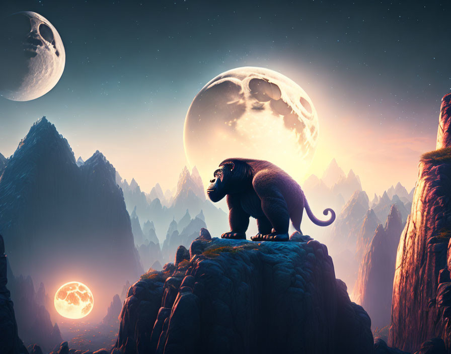 Baboon on Mountain Peak under Two Moons at Night