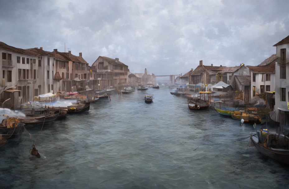 Tranquil canal scene with boats and old European buildings