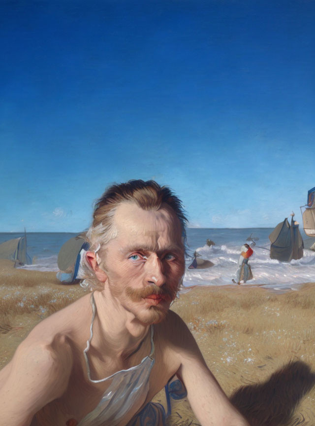 Hyper-realistic painting of shirtless man with blue eyes and mustache by beach.