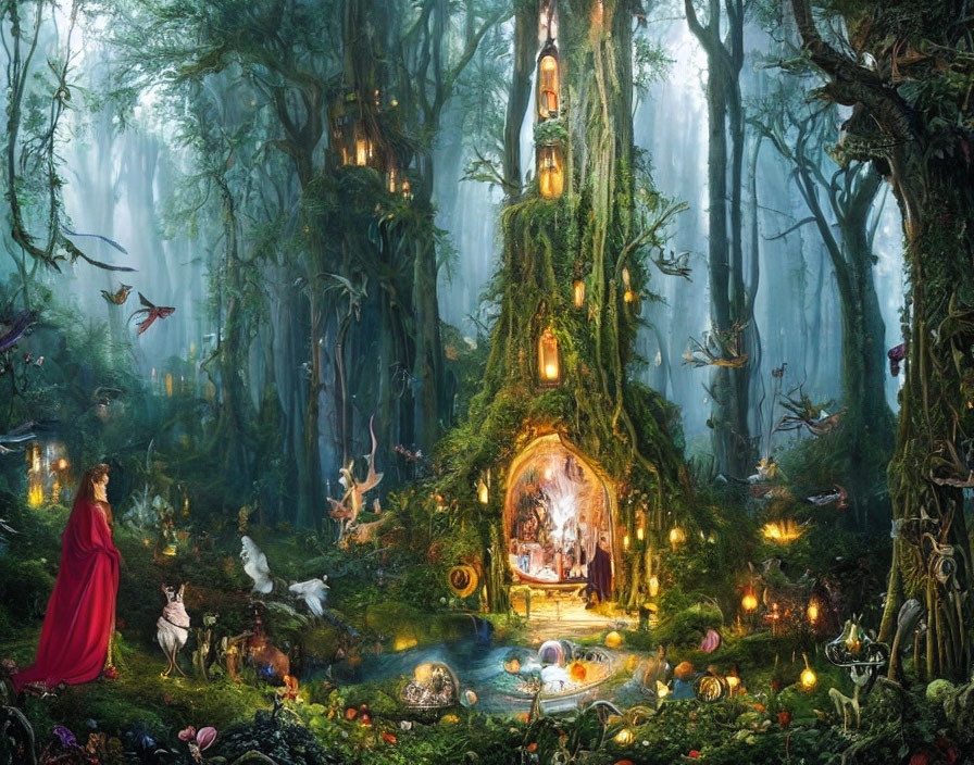 Enchanting forest scene with woman in red cloak, lanterns, animals, and mystical glow