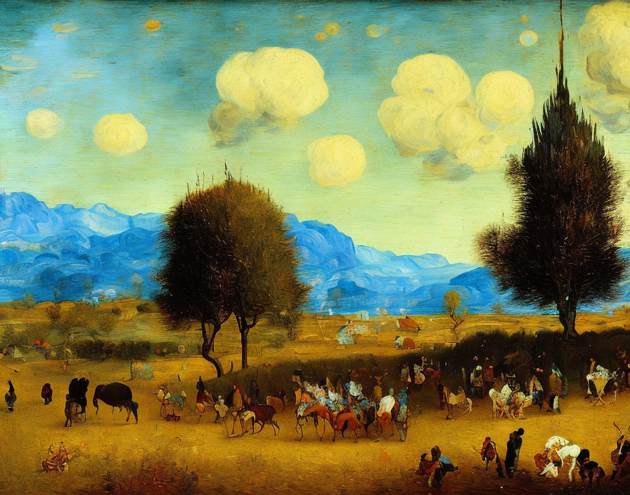 Colorful landscape painting with blue sky, clouds, figures, animals, trees, and mountains