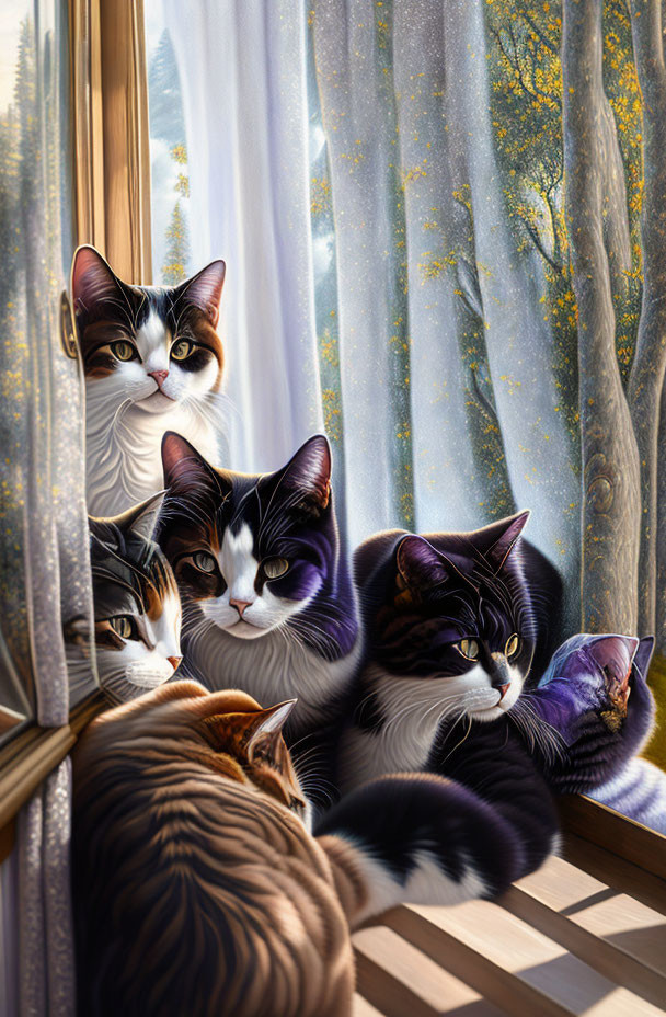 Four cats with unique markings gazing through window at autumn trees