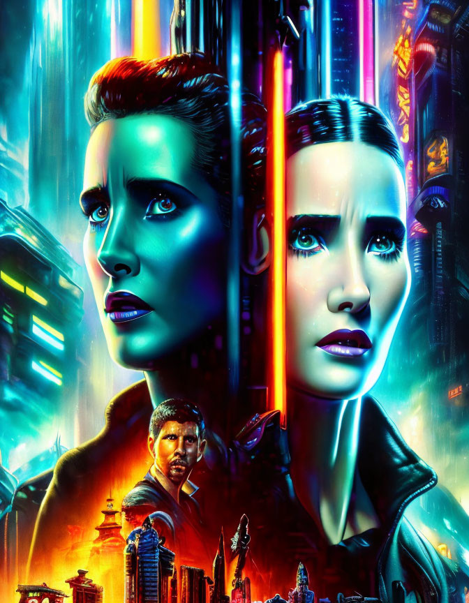 Neon-lit poster featuring two female faces, male figure, and futuristic cityscape