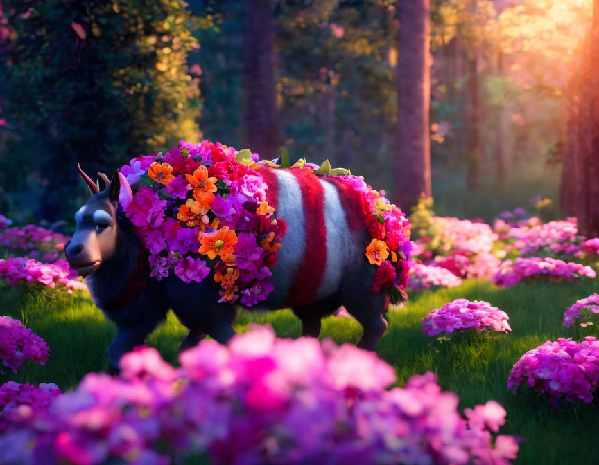 Colorful Flower-Covered Bull in Sunny Forest Glade