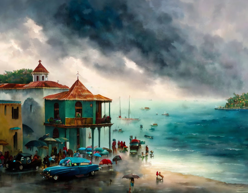 Colorful Coastal Scene with People, Umbrellas, Classic Car, Boats, and Storm Clouds