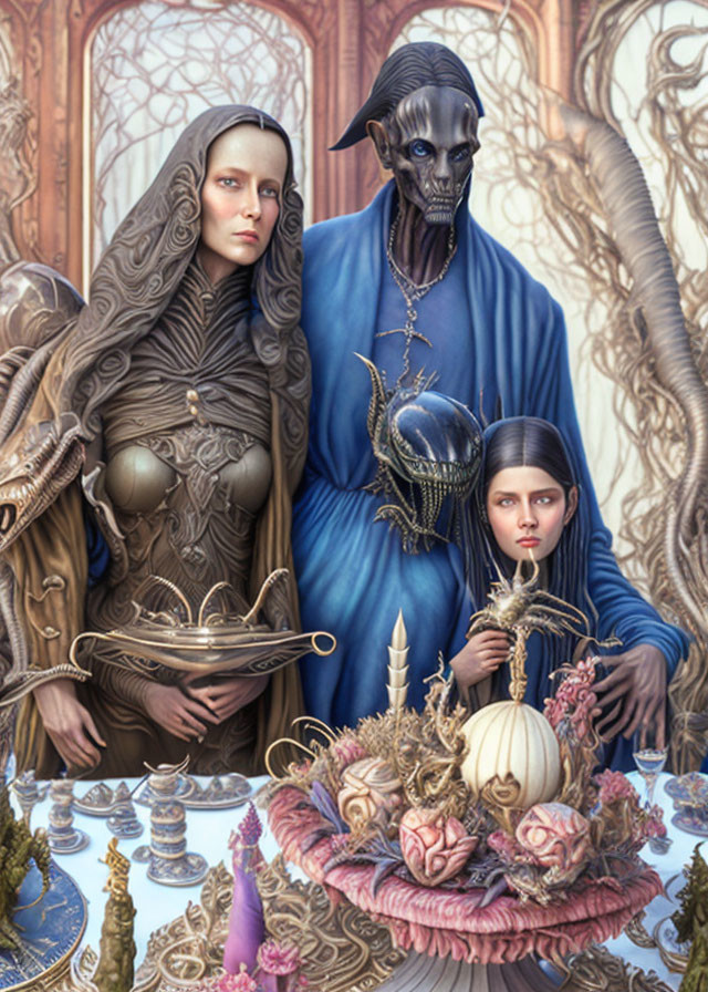 Fantastical artwork of humanoid and alien figures with child in elaborate feast