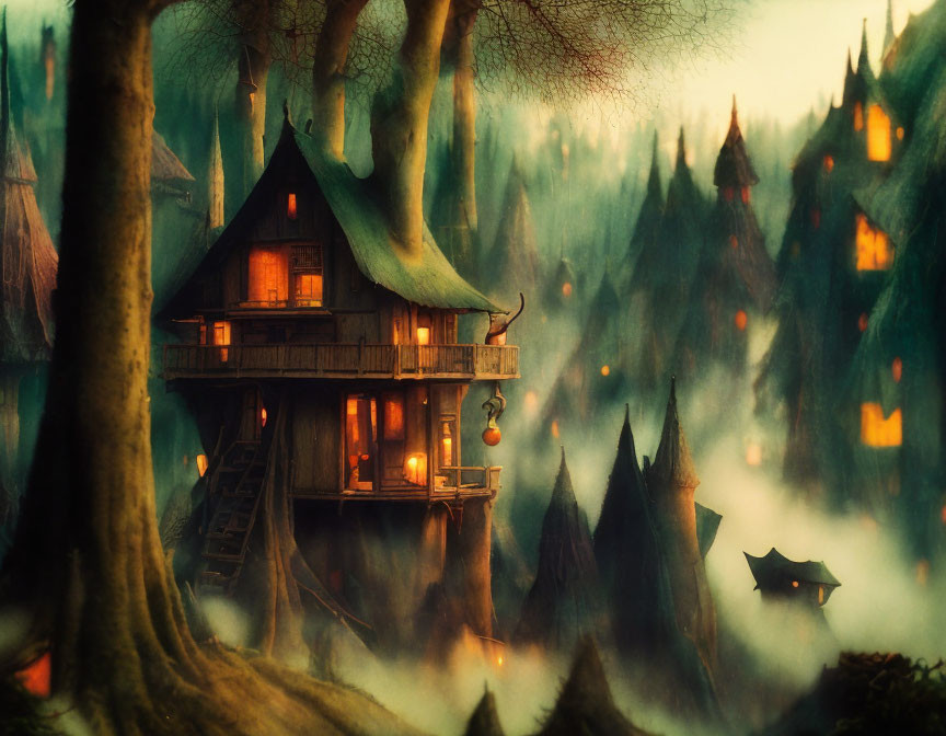 Foggy forest scene with cozy illuminated treehouse