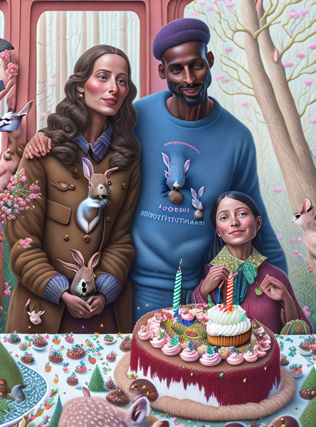 Family and Rabbit Birthday Celebration in Magical Forest