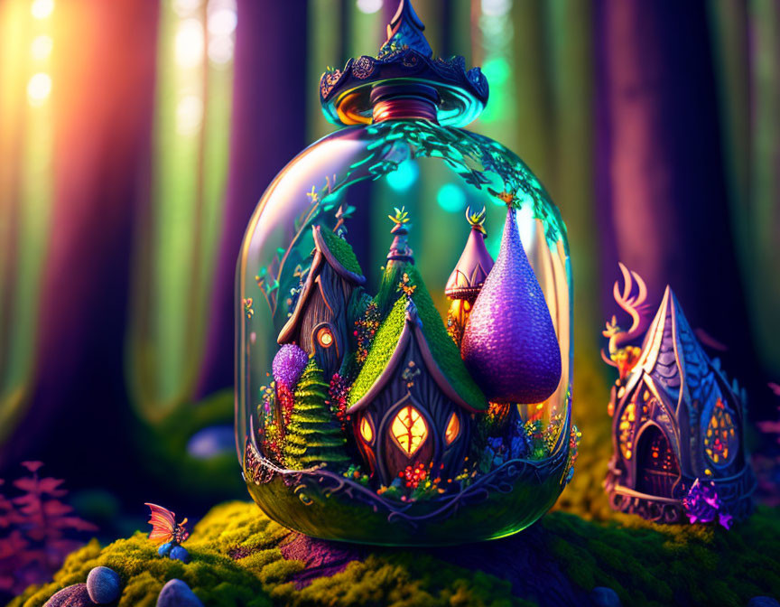 Colorful Fantasy Landscape Encased in Jar Amid Enchanted Forest