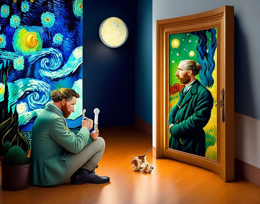 Surreal artwork: man playing trumpet to dog in Van Gogh-inspired setting