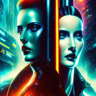 Neon-lit poster featuring two female faces, male figure, and futuristic cityscape