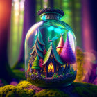 Colorful Fantasy Landscape Encased in Jar Amid Enchanted Forest