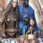 Surreal artwork with humanoid and alien figures on a table