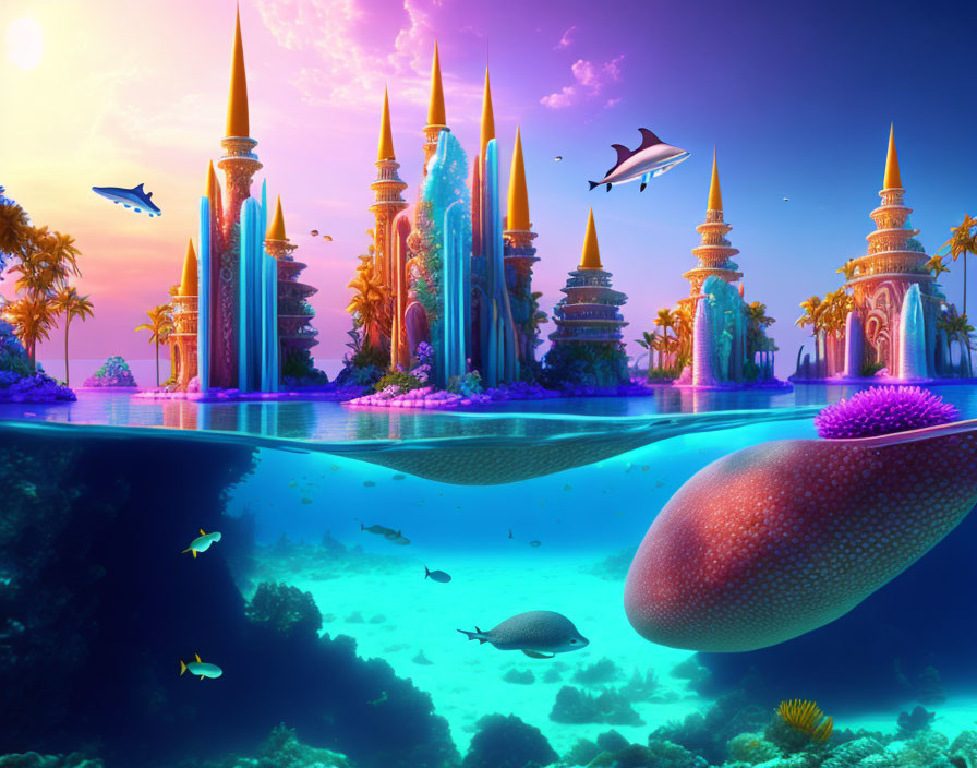 Colorful Underwater Scene with Coral, Fish, and Fantastical City