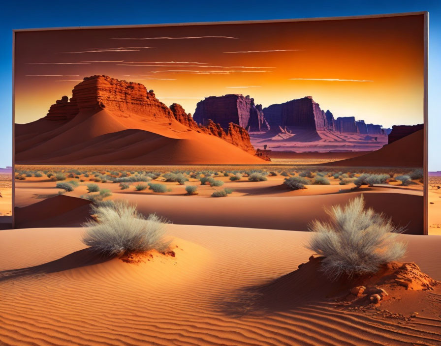 Vibrant sunset over desert landscape with sand dunes and rock formations