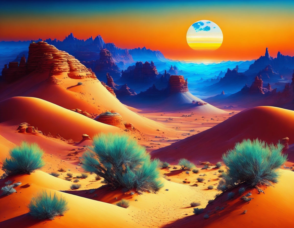 Surreal desert landscape with orange sand and oversized moon