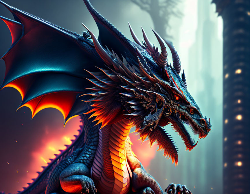 Detailed Dragon with Red and Blue Scales and Large Wings in Fantasy Cityscape