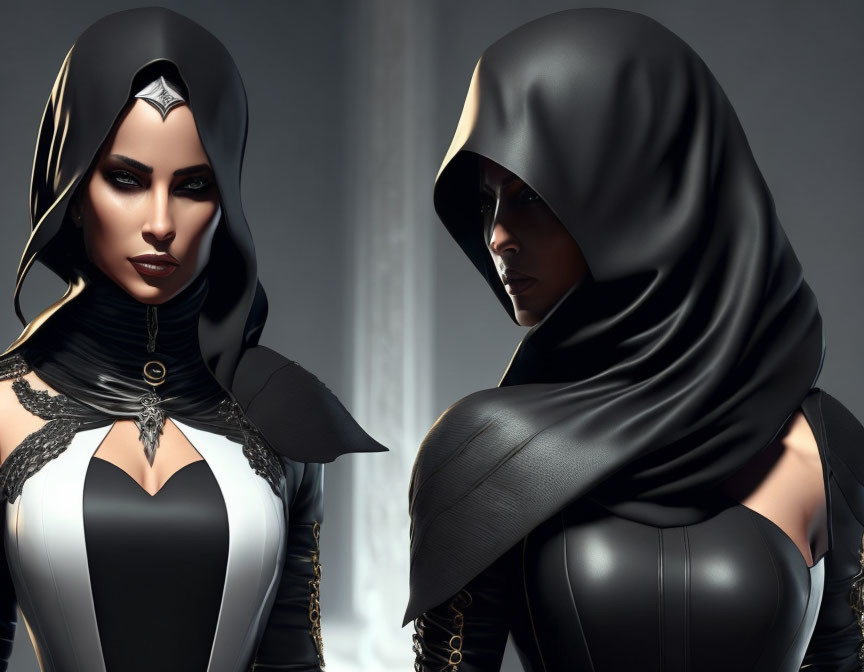 Stylized female characters in dark cloaks and gothic costumes