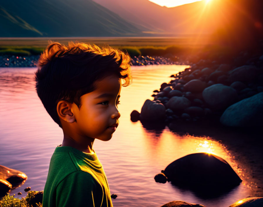 Child by serene river at sunset with mountains in background