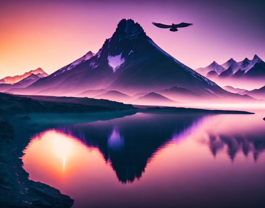 Scenic mountain peak reflected in lake under purple-pink sky with bird silhouette