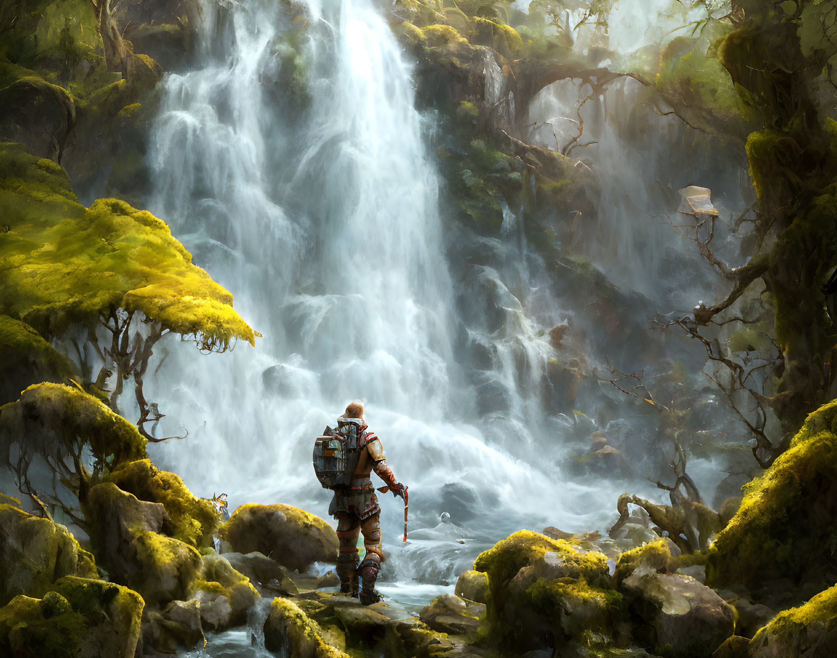 Traveler admiring majestic waterfall in lush greenery