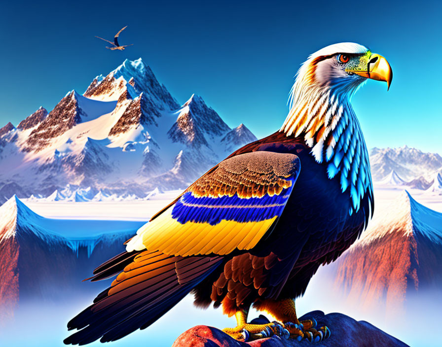 Colorful digital artwork: Eagle with snowy mountains & soaring bird