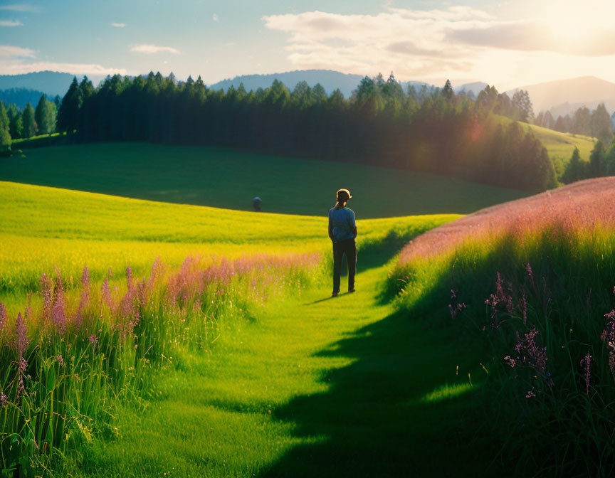 Person standing in lush field with sunlight and trees