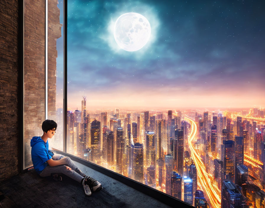 Person sitting by large window overlooking vibrant cityscape at night