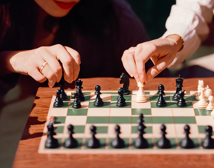 Chess players strategizing on a chessboard