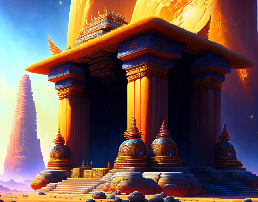 Extraterrestrial temple with ornate pillars in a surreal landscape