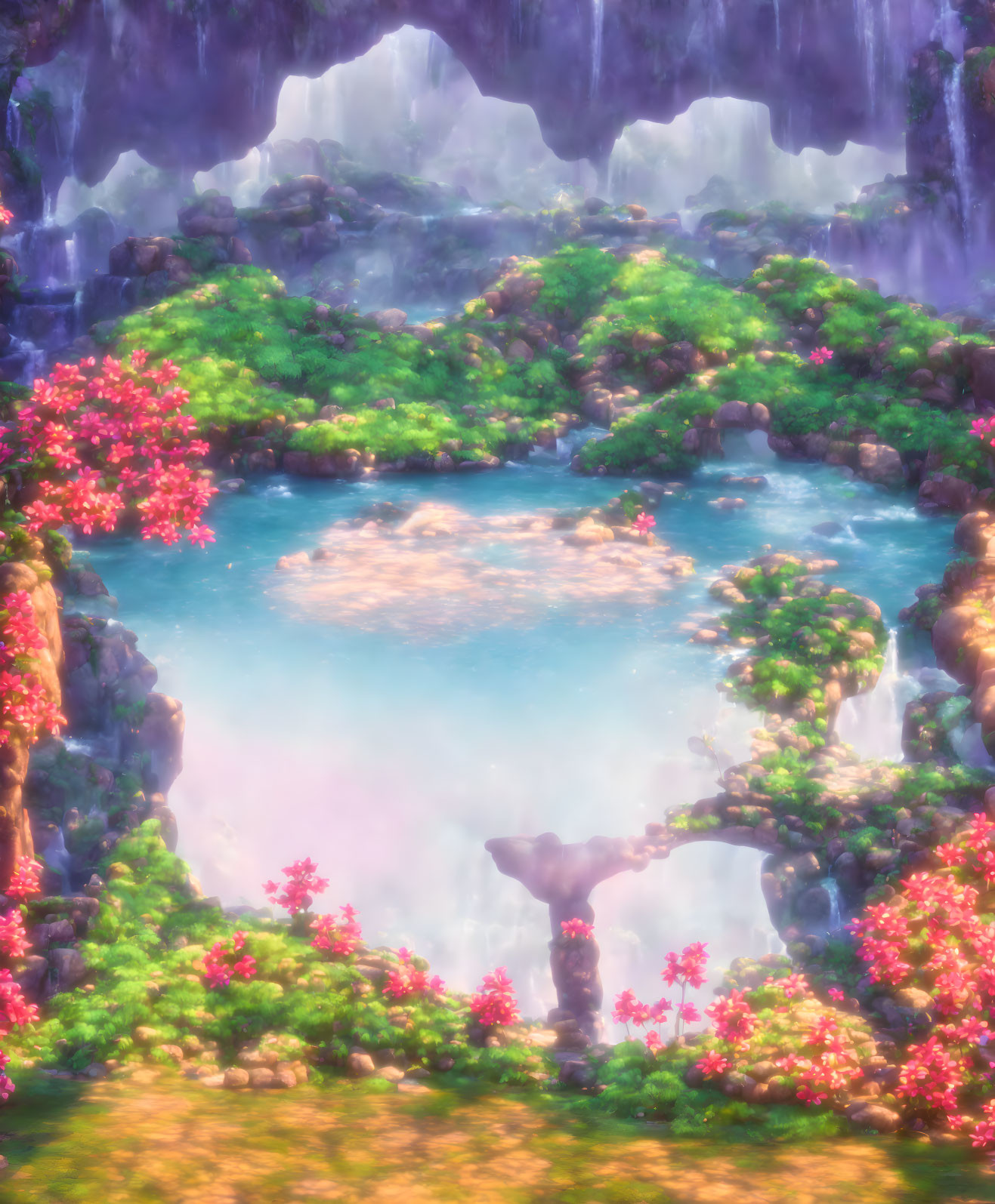 Fantasy landscape with glowing turquoise pond and vibrant pink blooms