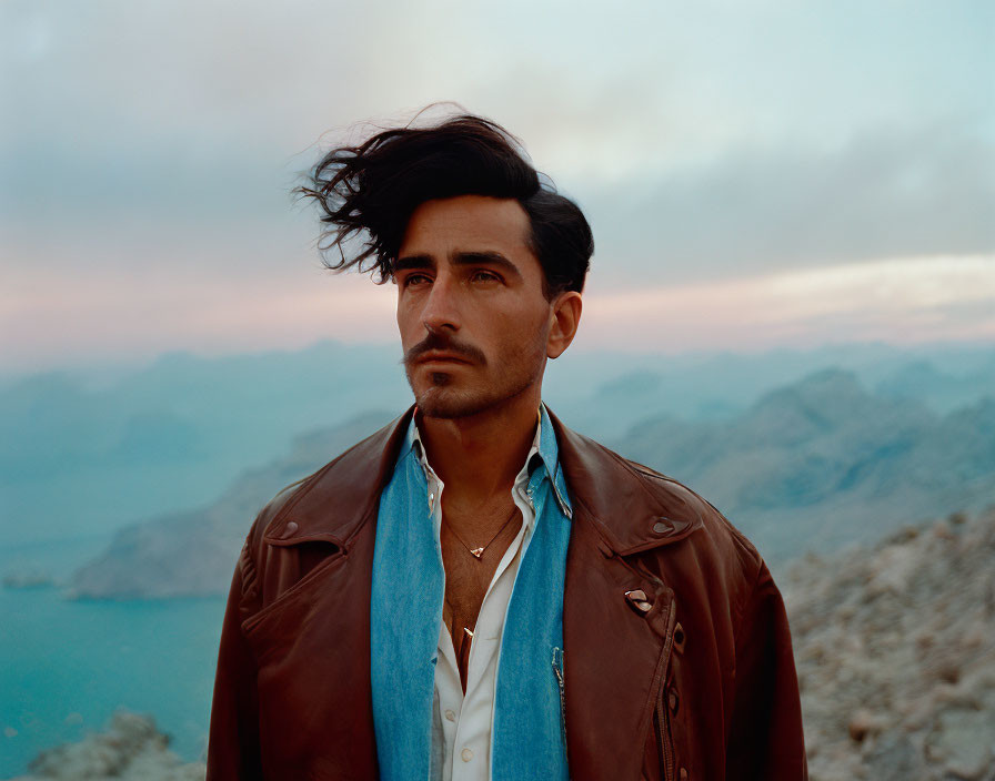 Dark-Haired Man in Leather Jacket and Blue Scarf Against Mountainous Dusk Backdrop