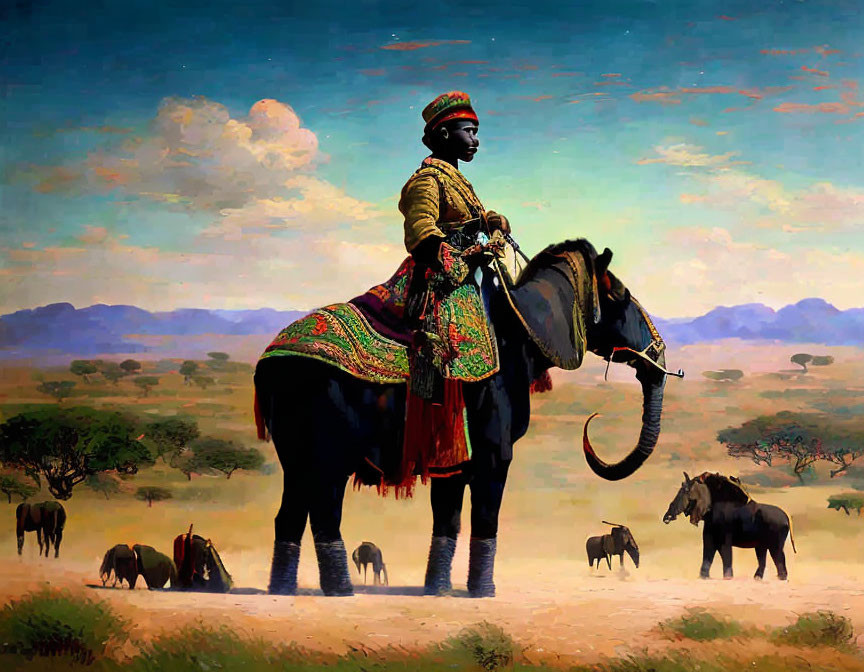 Traditional Attire Person on Elephant in Savanna Landscape